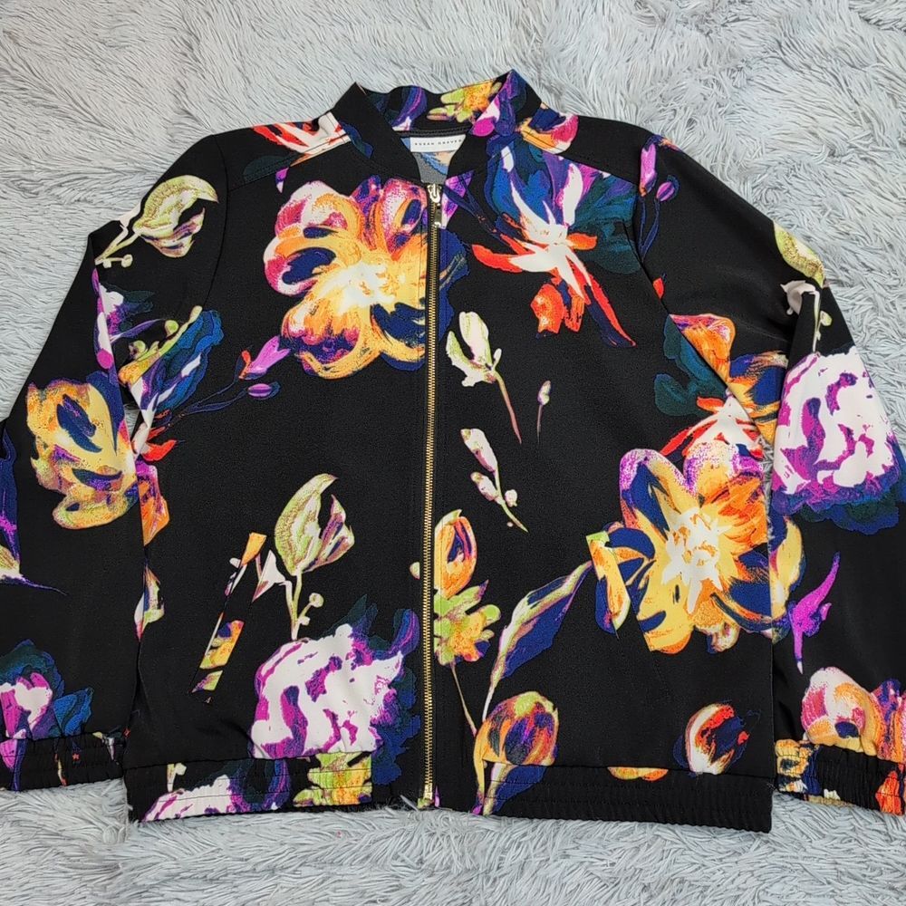 Susan Graver Jacket Womens M Black Floral Zip Up Cottage Core Casual Pockets